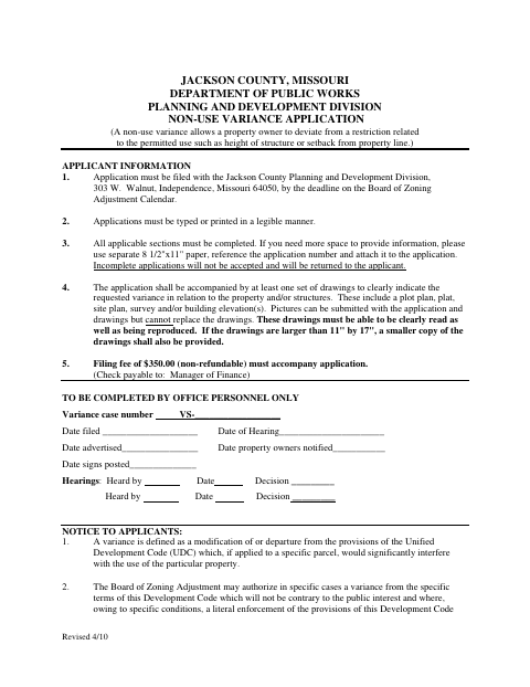 Non-Use Variance Application, Jackson County form, first page