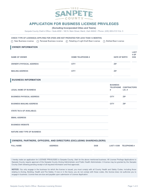 Application for Business License Privileges, Sanpete County form, first page