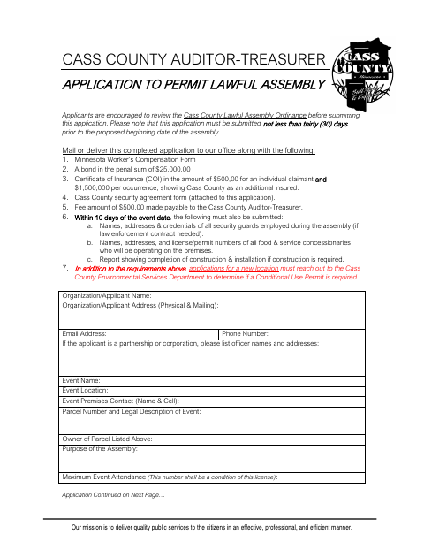 Application to Permit Lawful Assembly, Cass County form, first page