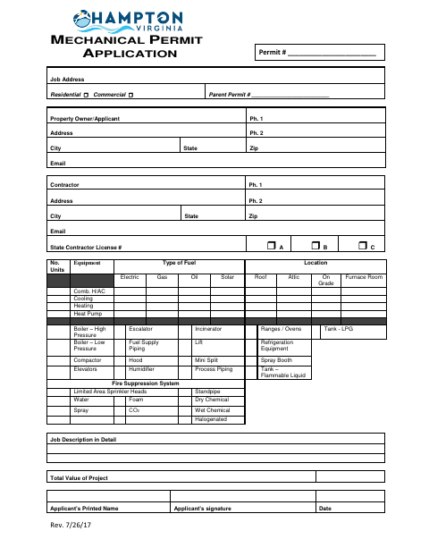Mechanical Permit Application, City of Hampton form, first page