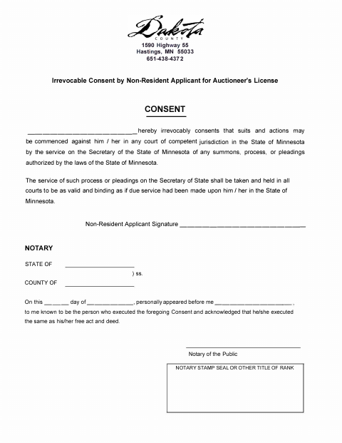 Irrevocable Consent by Nonresident Auctioneer License Applicant, Dakota County form, first page