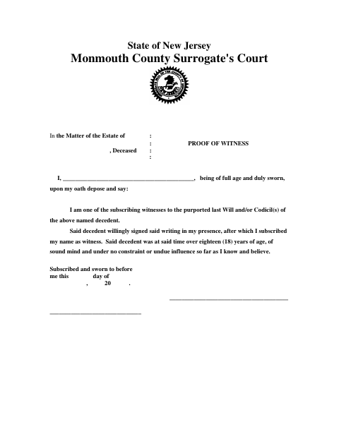 Proof Of Witness, Monmouth County form, first page