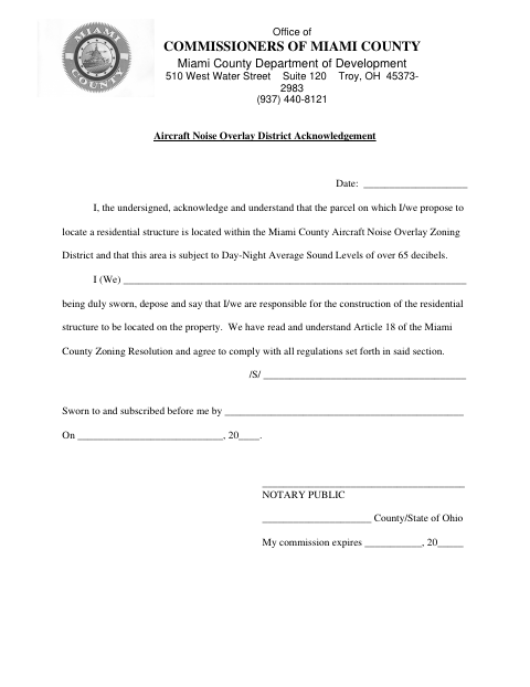 Aircraft Noise Overlay District Acknowledgement, Miami County form, first page