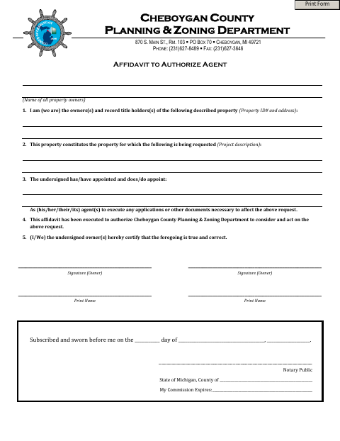Affidavit to Authorize Agent, Cheboygan County form, first page