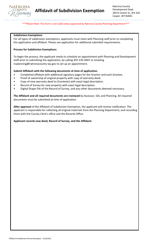 Affidavit of Subdivision Exemption, Natrona County form, first page