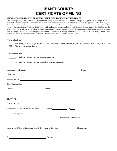 Certificate of Filing, Isanti County form, first page