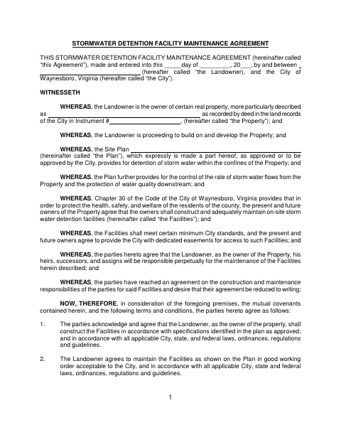 Stormwater Detention Facility Maintenance Agreement, City of Waynesboro form, first page