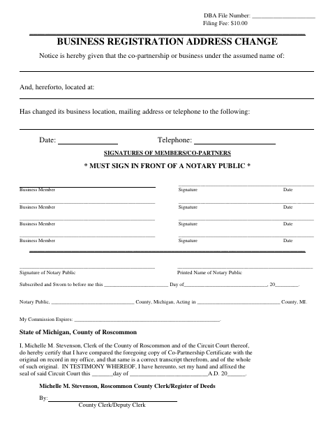 Business Registration Address Change, Roscommon County form, first page
