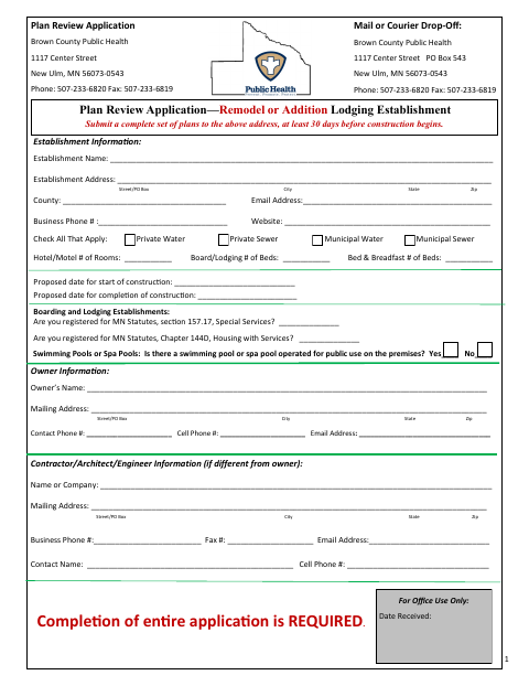 First page of the Remodel or Addition Plan Review Application for Lodging Establishments