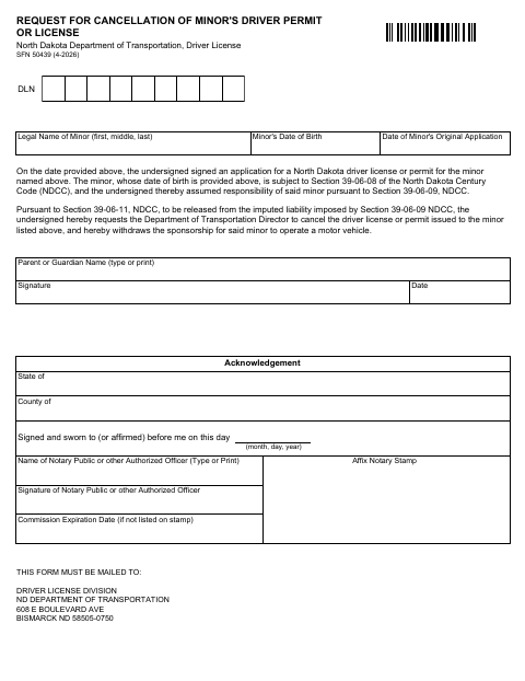SFN 50439 Request for Cancellation of Minor’s Driver Permit or License first page