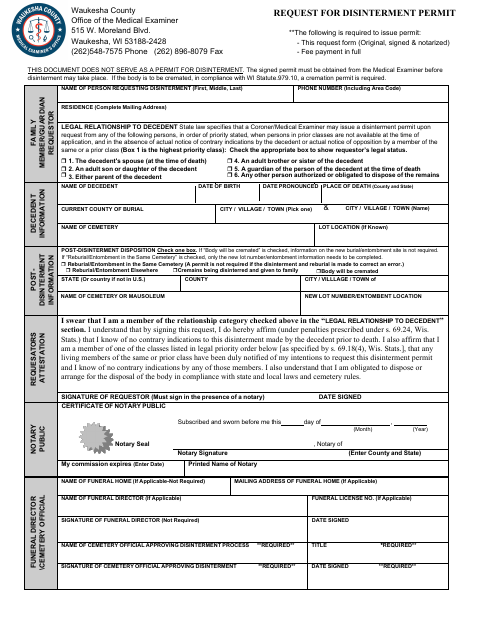 Request for Disinterment Permit, Waukesha County form, first page