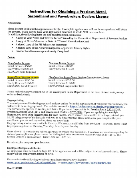 First page of the Precious Metal, Secondhand and Pawnbrokers Dealers License Application