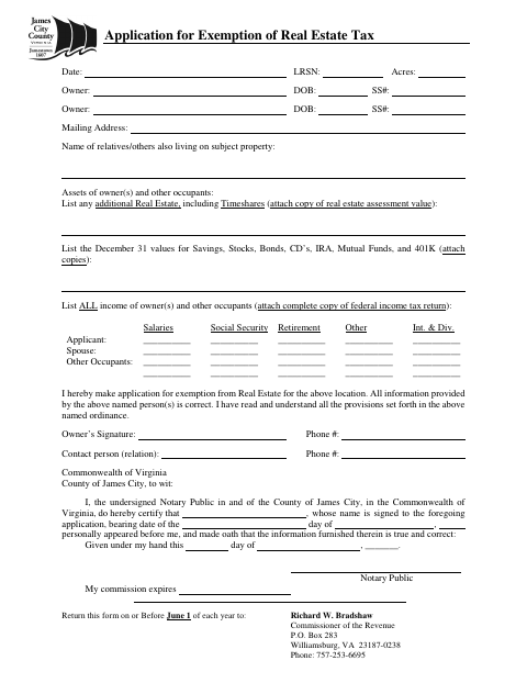 Application for Exemption of Real Estate Tax, James City County form, first page