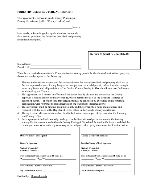 Forestry Use/Structure Agreement, Oneida County form, first page