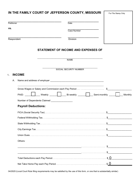 Statement of Income and Expenses, Jefferson County form, first page
