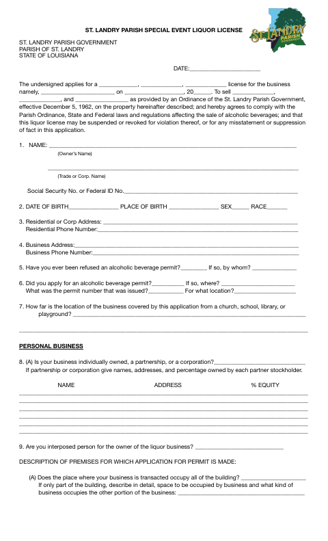 Special Event Liquor License Application, St. Landry Parish form, first page