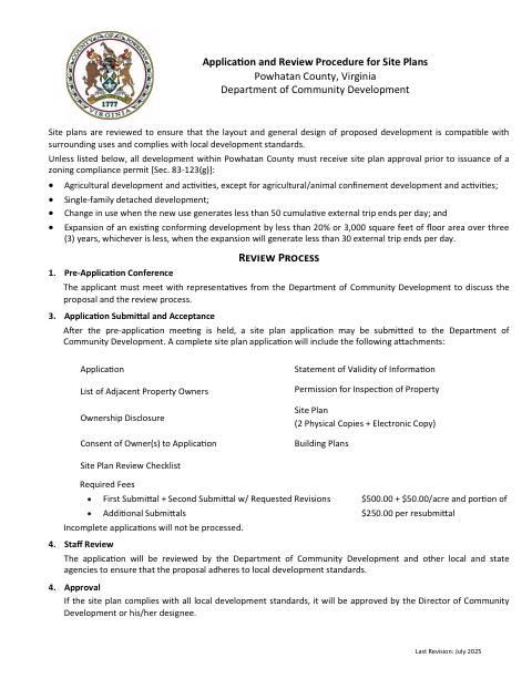 Site Plan Application and Checklist, Powhatan County form, first page