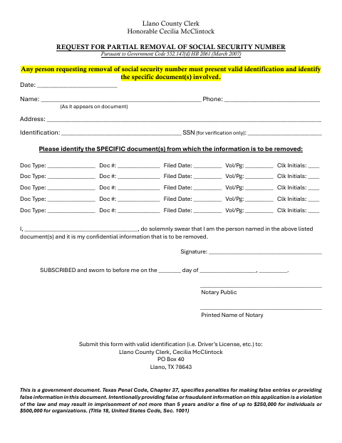 Request for Partial Removal of Social Security Number, Llano County form, first page