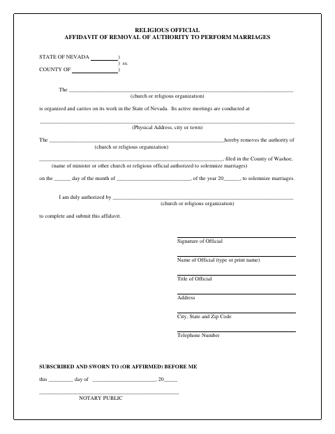 Religious Official Affidavit of Removal of Authority to Perform Marriages, Washoe County form, first page