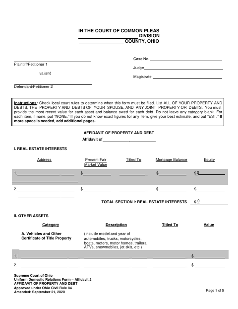 Affidavit of Property and Debt, Knox County form, first page