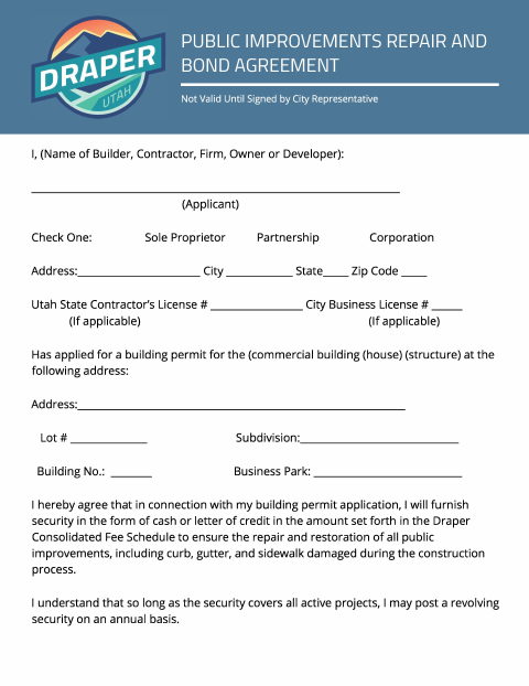 First page of the Public Improvements Repair and Bond Agreement