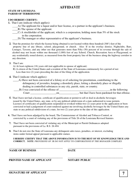Affidavit, Terrebonne Parish form, first page