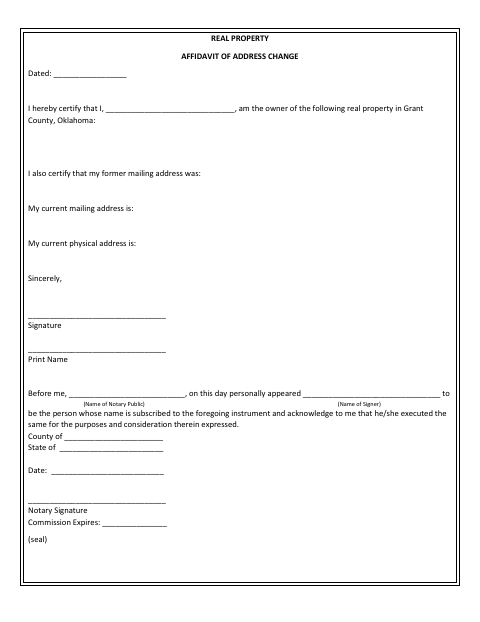 Affidavit of Address Change (Real Property), Grant County form, first page