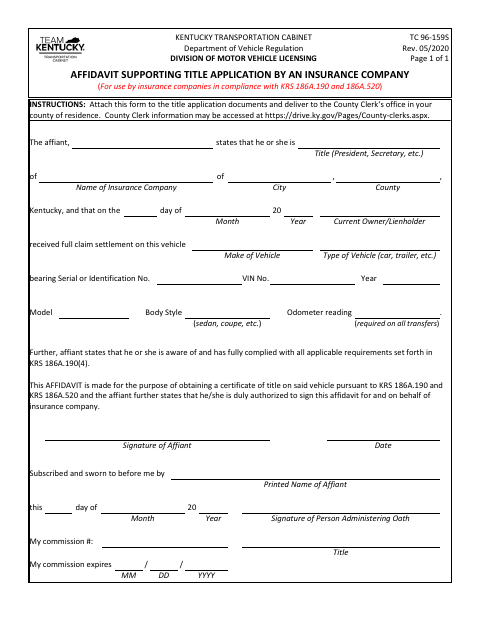TC 96-159S Affidavit Supporting Title Application by an Insurance Company first page