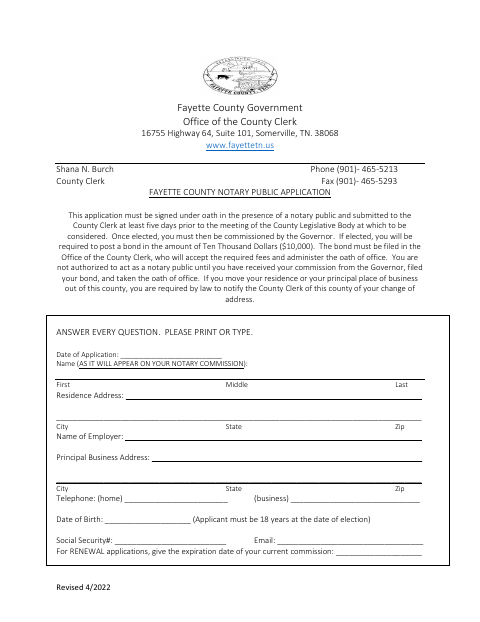 Notary Public Application, Fayette County form, first page