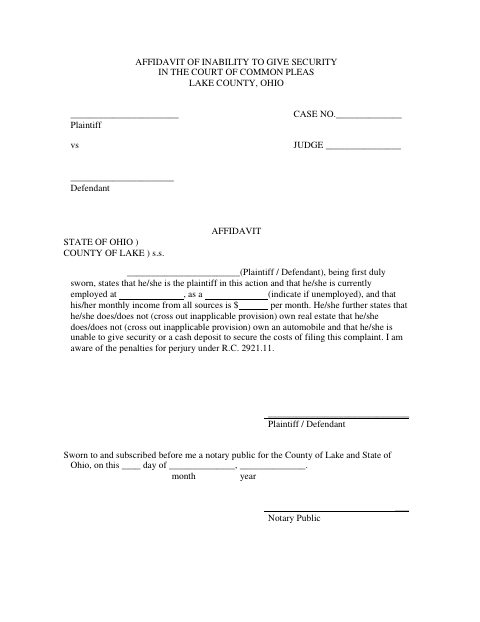 Affidavit Of Inability To Give Security, Lake County form, first page
