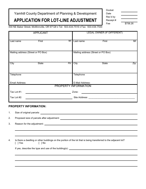 Lot-Line Adjustment Application, Yamhill County form, first page