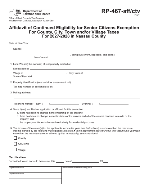 Affidavit of Continued Eligibility for Senior Citizens Exemption, Nassau County form, first page