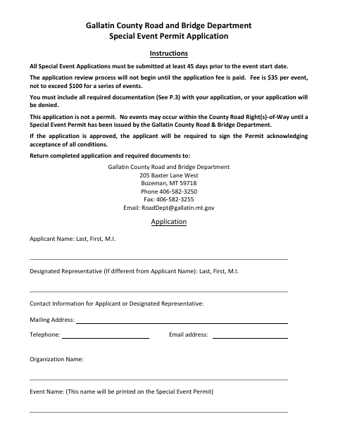 First page of the Special Event Permit Application