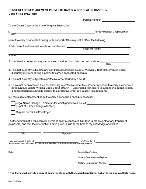 Request for Replacement Permit to Carry a Concealed Handgun, City of Virginia Beach form, first page