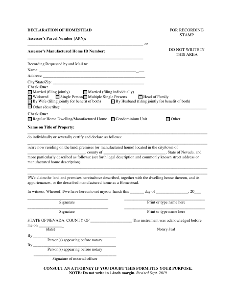 Declaration of Homestead, Humboldt County form, first page
