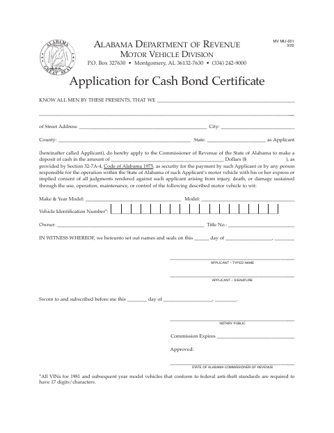Application for Cash Bond Certificate MV MLI-001 first page