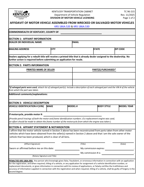 TC 96-215 Affidavit of Motor Vehicle Assembled from Wrecked or Salvaged Motor Vehicles first page