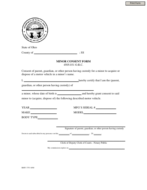 Minor Consent Form for an Automobile, Lucas County form, first page
