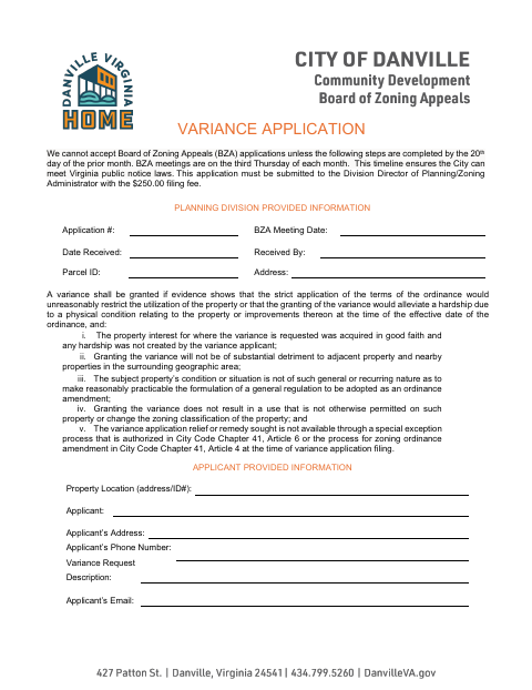 Variance Application, City of Danville form, first page