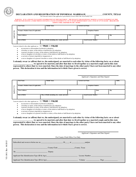Declaration and Registration of Informal Marriage, Franklin County form, first page