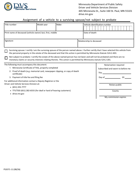 PS2071 Assignment of a Vehicle to a Surviving Spouse / Not Subject to Probate first page