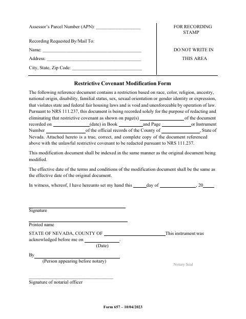 Restrictive Covenant Modification Form, Nye County form, first page