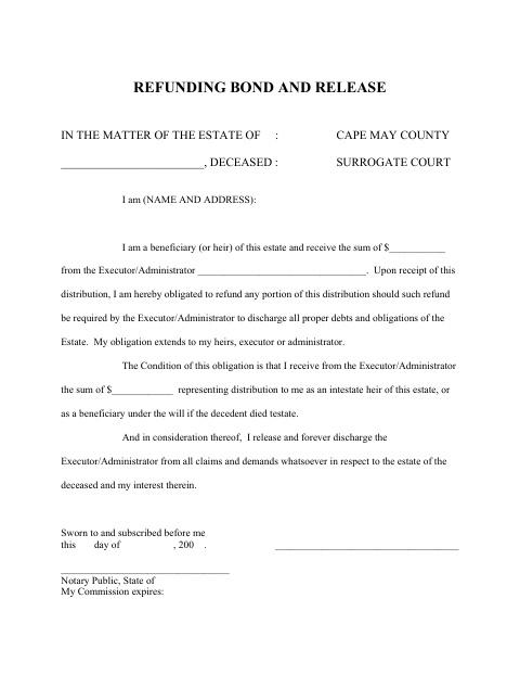 Refunding Bond and Release, Cape May County form, first page
