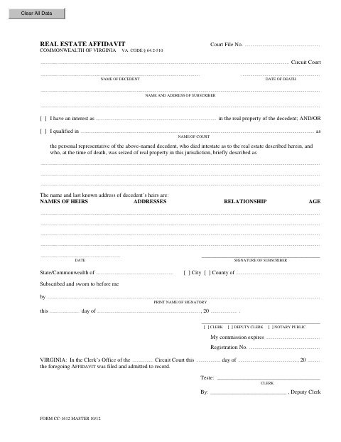 Real Estate Affidavit, City of Newport News form, first page