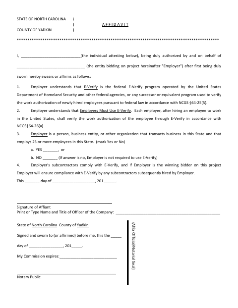 E-Verify Affidavit, Yadkin County form, first page