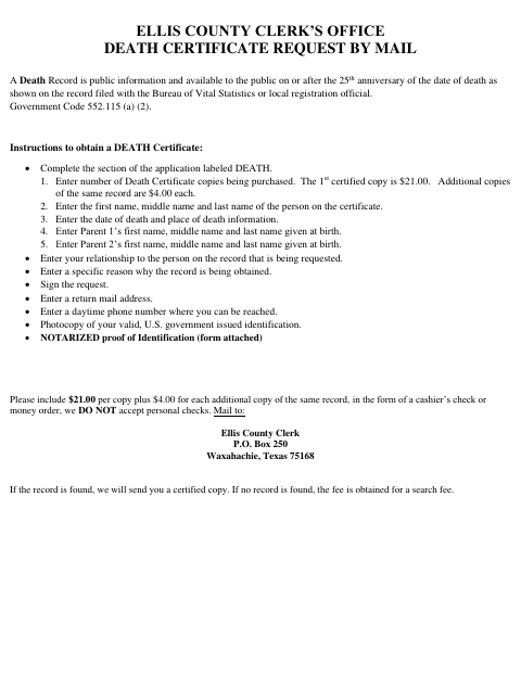 Death Certificate Request By Mail, Ellis County form, first page