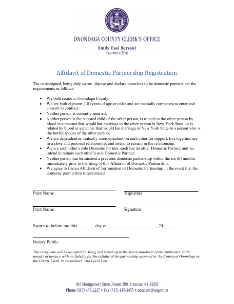Affidavit of Domestic Partnership Registration, Onondaga County form, first page