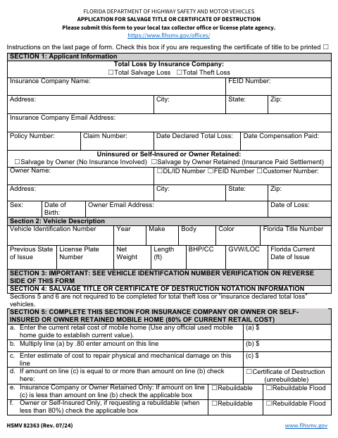 HSMV 82363 Application for Salvage Title or Certificate of Destruction first page