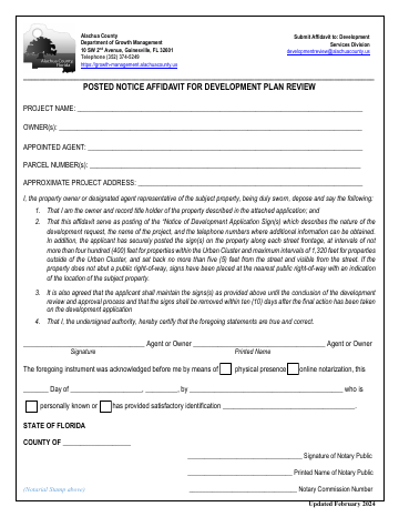 Posted notice affidavit — Alachua County form, first page