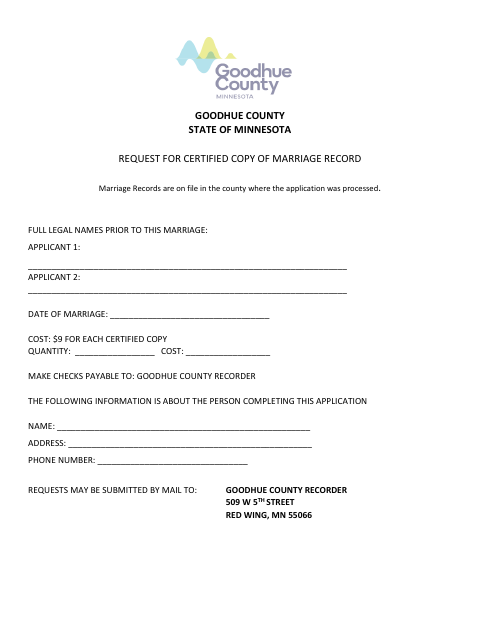 First page of the Request for Certified Copy of Marriage Record